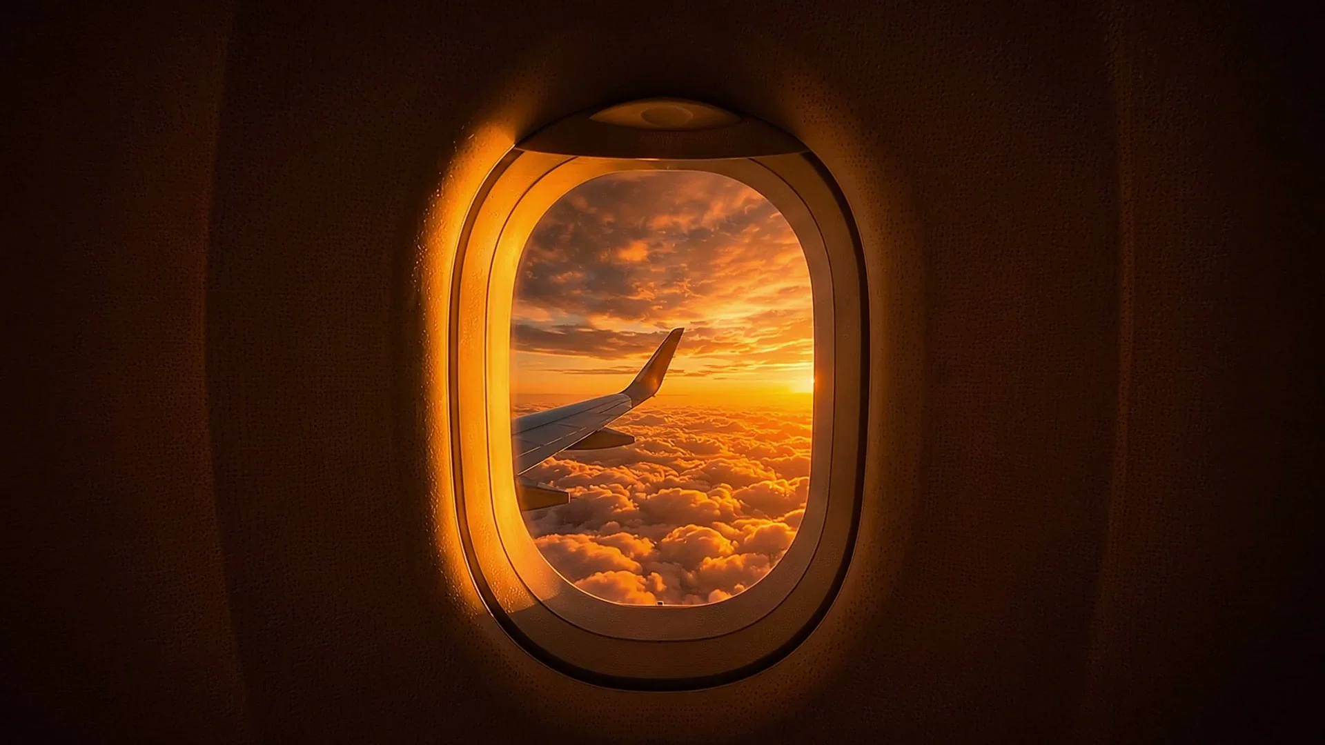View from an aeroplane window at golden sunset above the clouds — the start of the journey to Dubai.